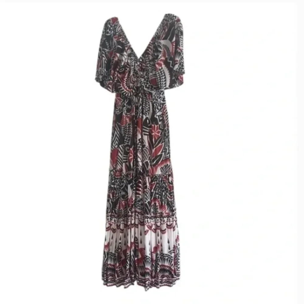 Anthropologie Tiered Maxi Brown and Red Patterned Maxi Dress Size Small NWT - Picture 5 of 8